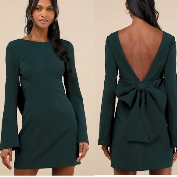 Lulus Dresses & Skirts - Lulus Elegant Cutie Emerald Big Bow Long Sleeve Backless Mini Dress Size XL NWOT